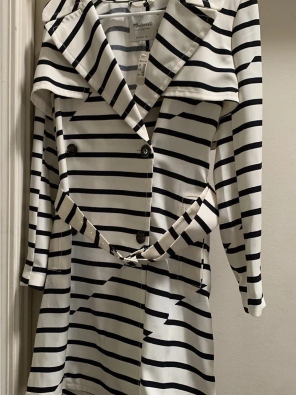 Madewell Parcel Trench Coat Off white black stripe small belt New NWT E9193 HTF - Picture 3 of 9